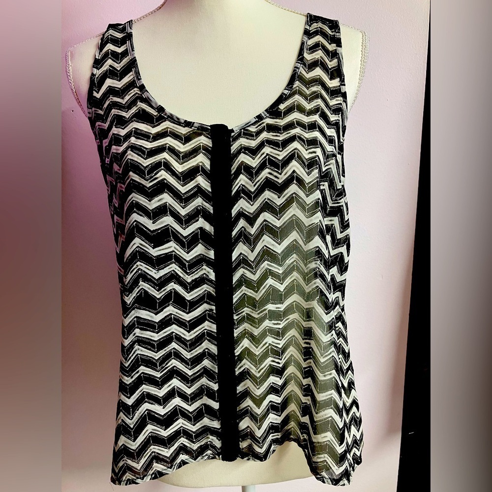 Candie’s Women’s Sheer Tank Top, Medium, Black/White, Geometric Pattern